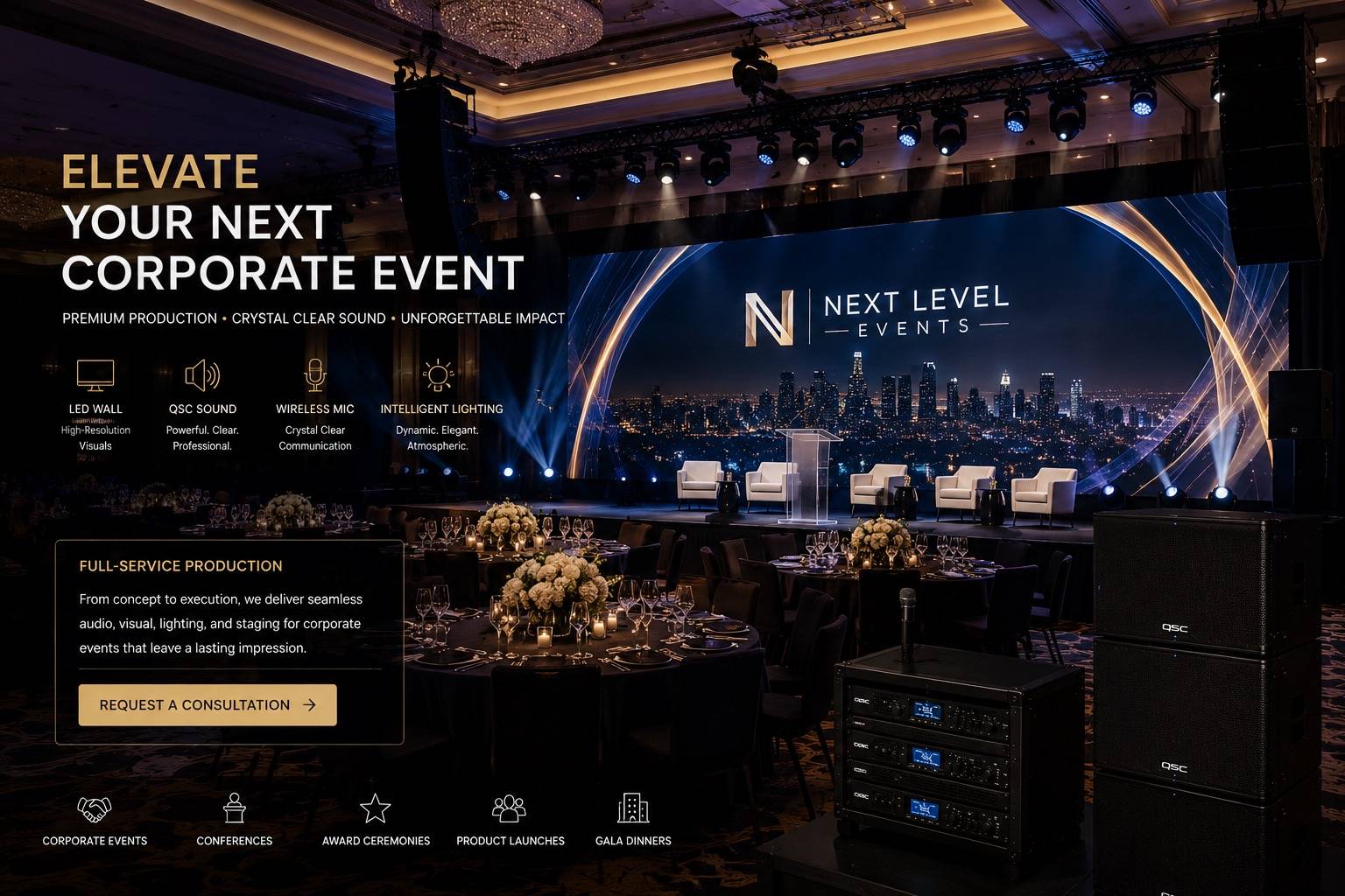 Corporate LED wall with branded visuals and elegant lighting