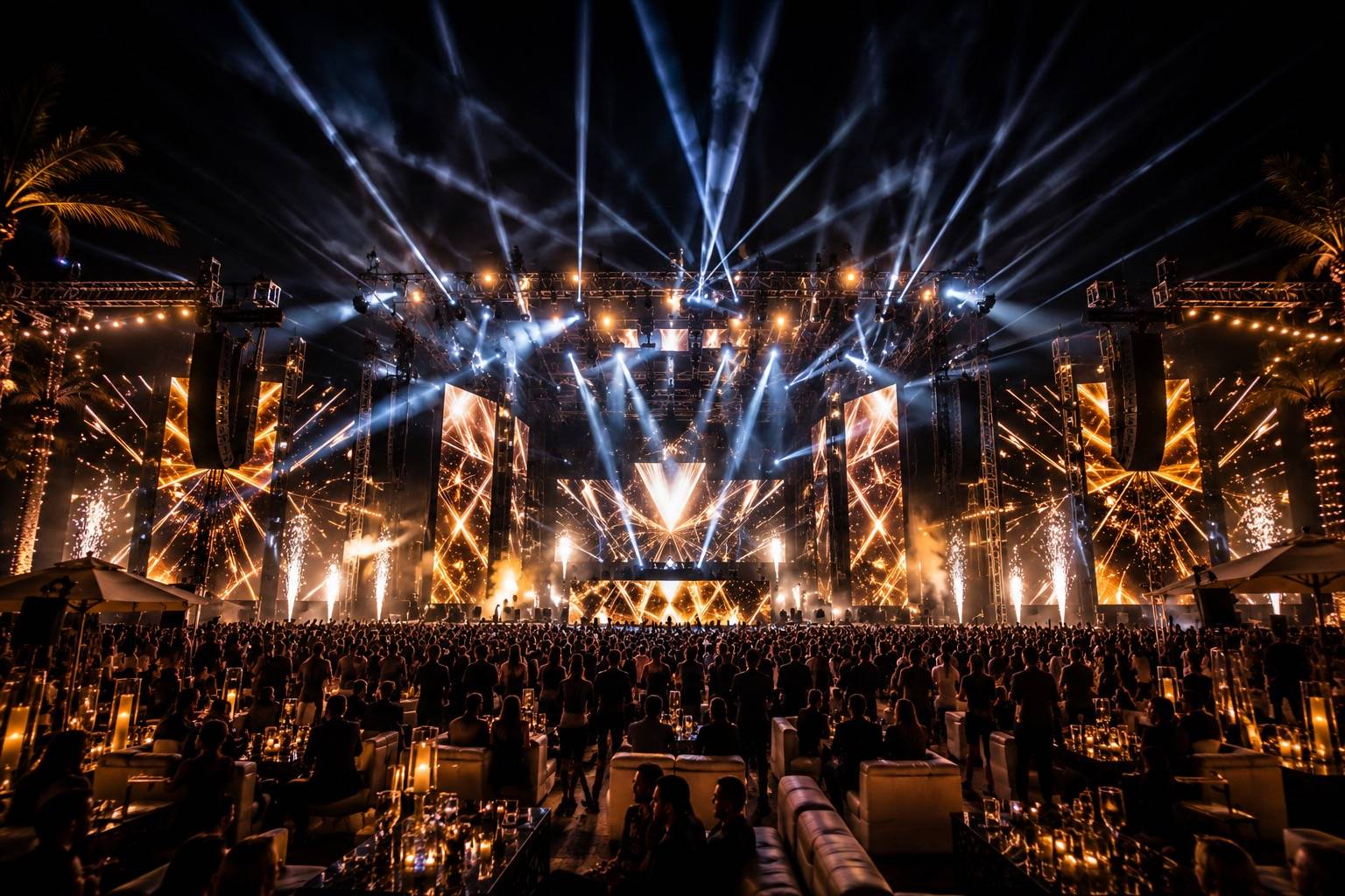 Festival-style event lighting on a large outdoor stage
